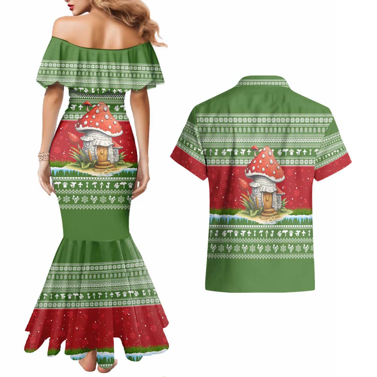 Christmas Mushroom House Couples Matching Mermaid Dress and Hawaiian Shirt Xmas Holiday Patterns - Wonder Print Shop