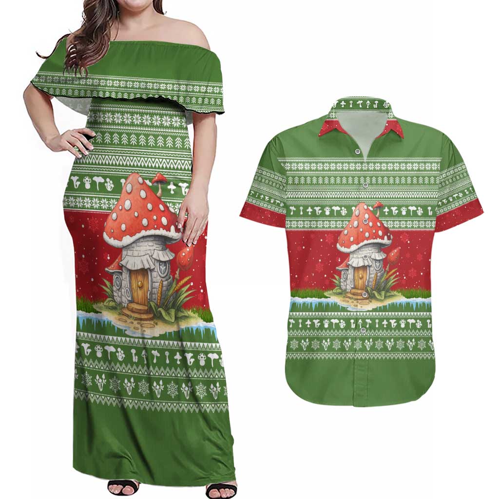 Christmas Mushroom House Couples Matching Off Shoulder Maxi Dress and Hawaiian Shirt Xmas Holiday Patterns - Wonder Print Shop