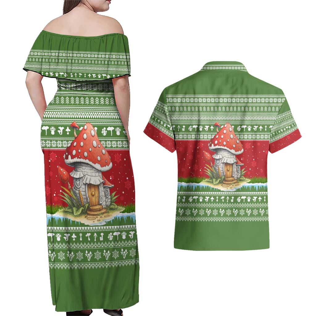 Christmas Mushroom House Couples Matching Off Shoulder Maxi Dress and Hawaiian Shirt Xmas Holiday Patterns - Wonder Print Shop