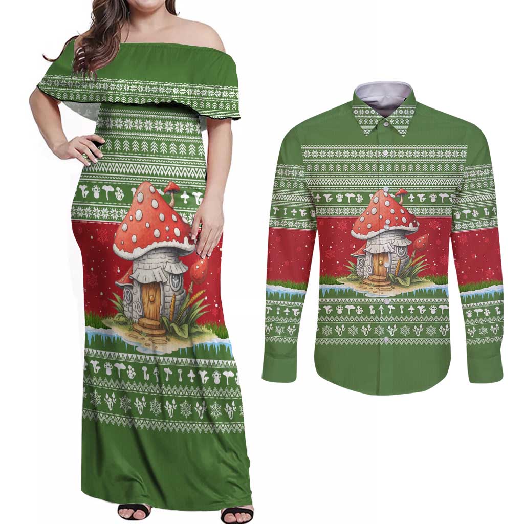 Christmas Mushroom House Couples Matching Off Shoulder Maxi Dress and Long Sleeve Button Shirt Xmas Holiday Patterns - Wonder Print Shop