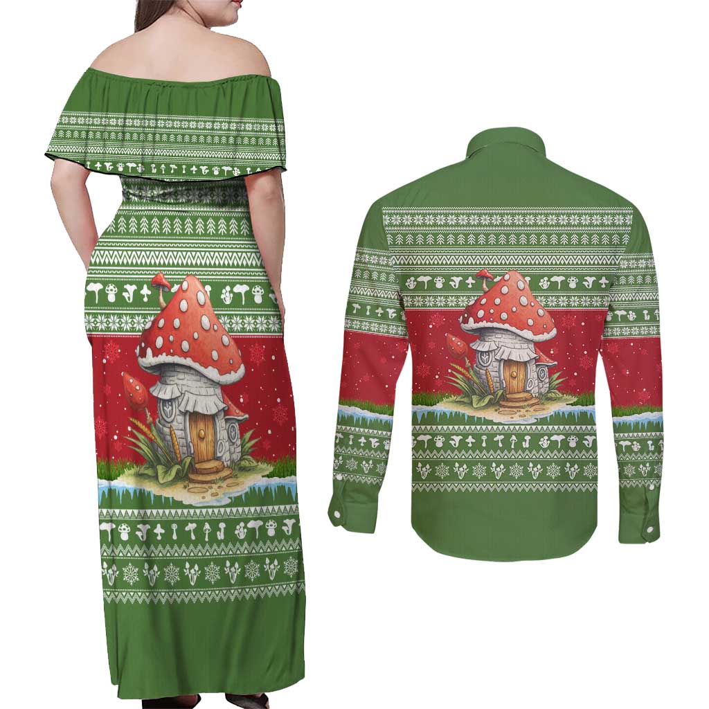 Christmas Mushroom House Couples Matching Off Shoulder Maxi Dress and Long Sleeve Button Shirt Xmas Holiday Patterns - Wonder Print Shop