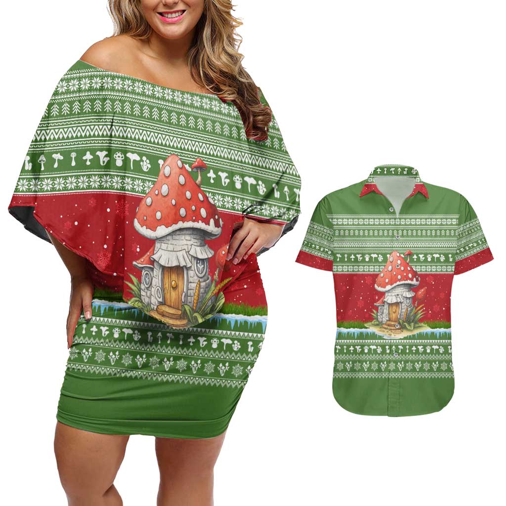 Christmas Mushroom House Couples Matching Off Shoulder Short Dress and Hawaiian Shirt Xmas Holiday Patterns - Wonder Print Shop