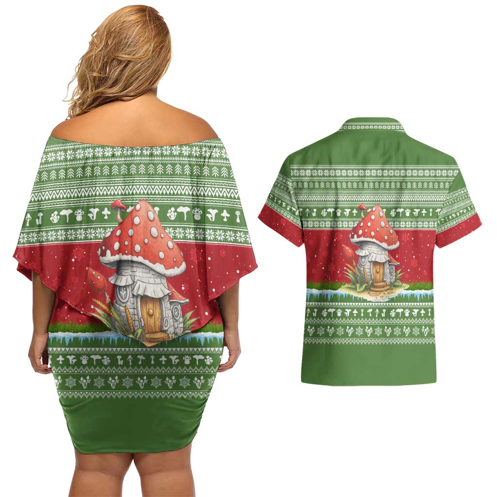 Christmas Mushroom House Couples Matching Off Shoulder Short Dress and Hawaiian Shirt Xmas Holiday Patterns - Wonder Print Shop