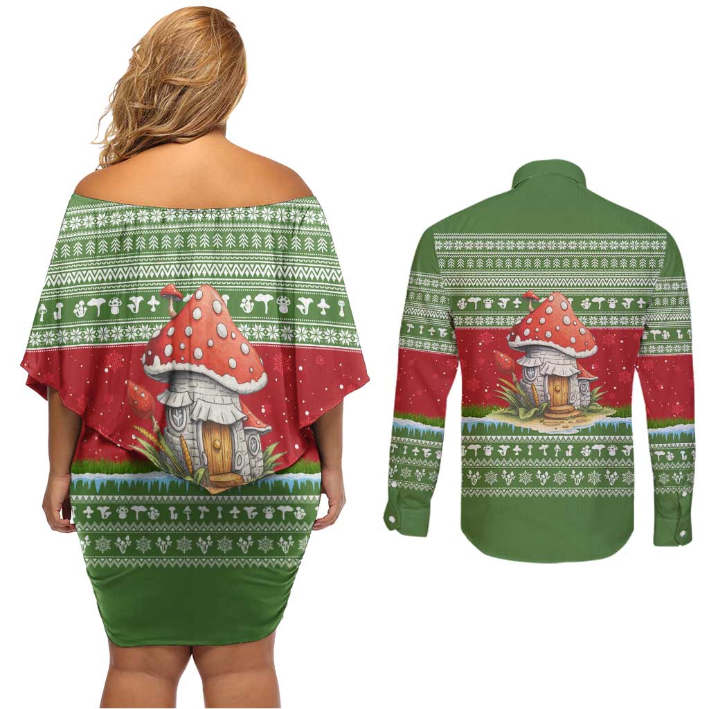 Christmas Mushroom House Couples Matching Off Shoulder Short Dress and Long Sleeve Button Shirt Xmas Holiday Patterns - Wonder Print Shop
