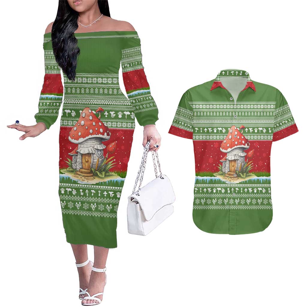 Christmas Mushroom House Couples Matching Off The Shoulder Long Sleeve Dress and Hawaiian Shirt Xmas Holiday Patterns - Wonder Print Shop