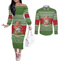 Christmas Mushroom House Couples Matching Off The Shoulder Long Sleeve Dress and Long Sleeve Button Shirt Xmas Holiday Patterns - Wonder Print Shop