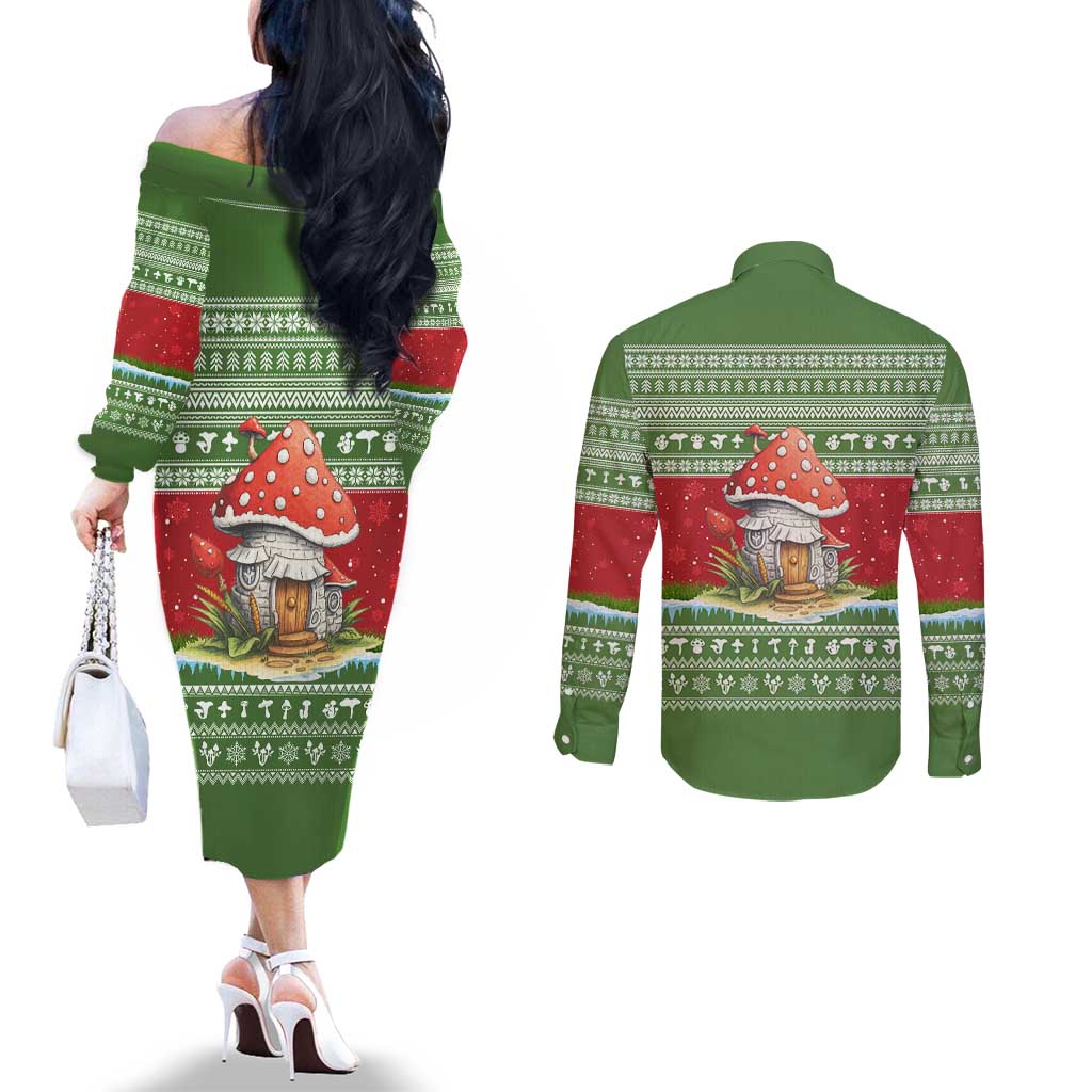 Christmas Mushroom House Couples Matching Off The Shoulder Long Sleeve Dress and Long Sleeve Button Shirt Xmas Holiday Patterns - Wonder Print Shop