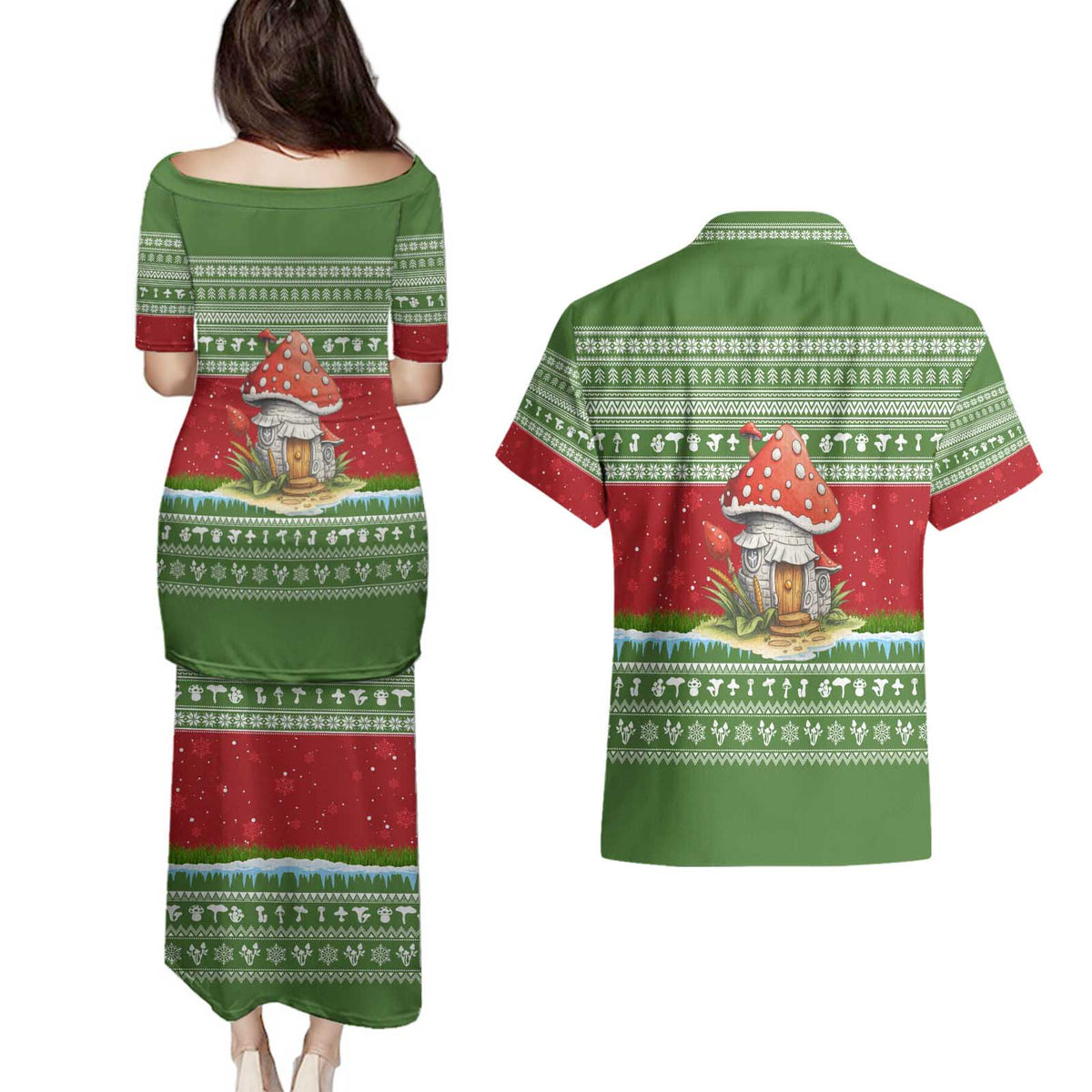 Christmas Mushroom House Couples Matching Puletasi and Hawaiian Shirt Xmas Holiday Patterns - Wonder Print Shop