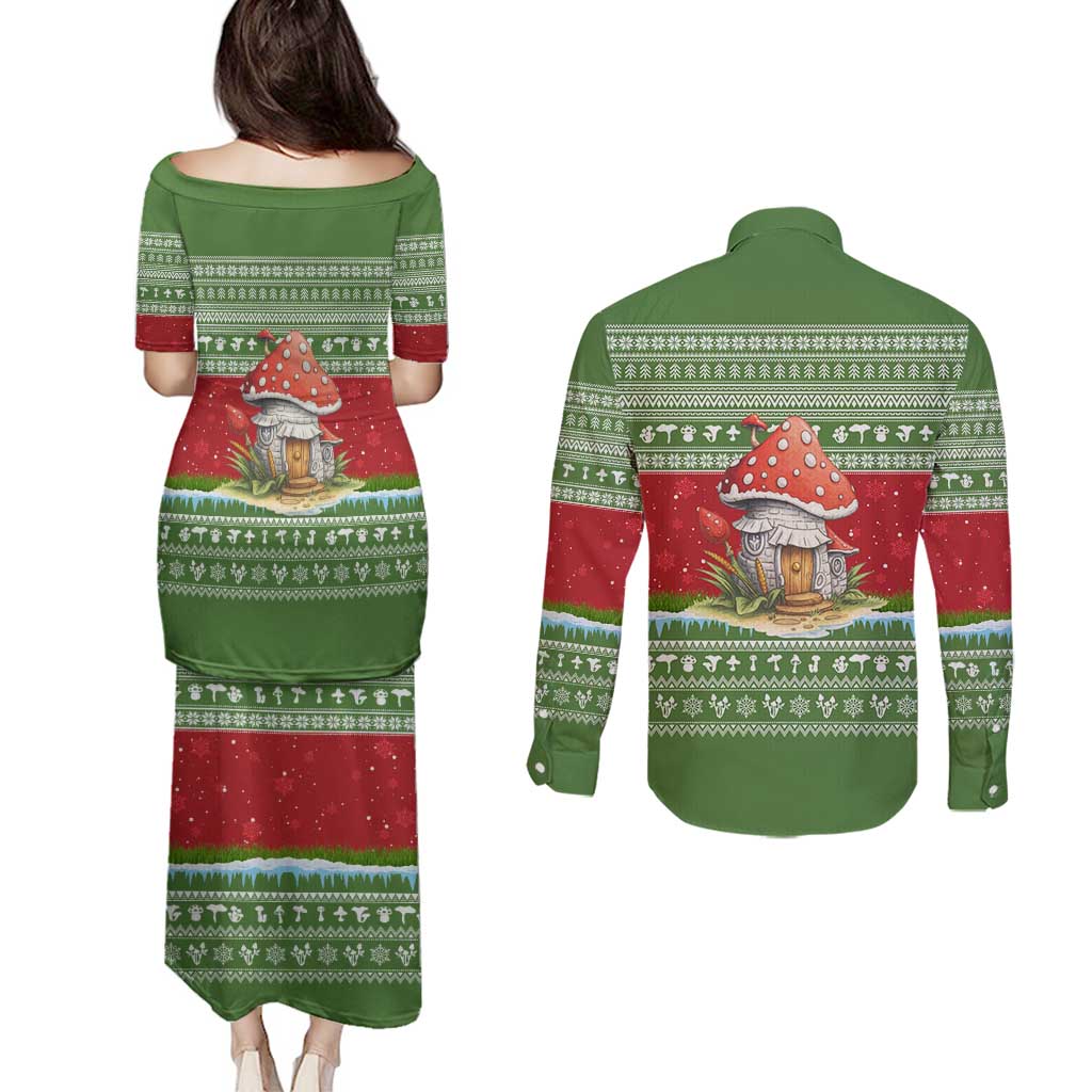 Christmas Mushroom House Couples Matching Puletasi and Long Sleeve Button Shirt Xmas Holiday Patterns - Wonder Print Shop
