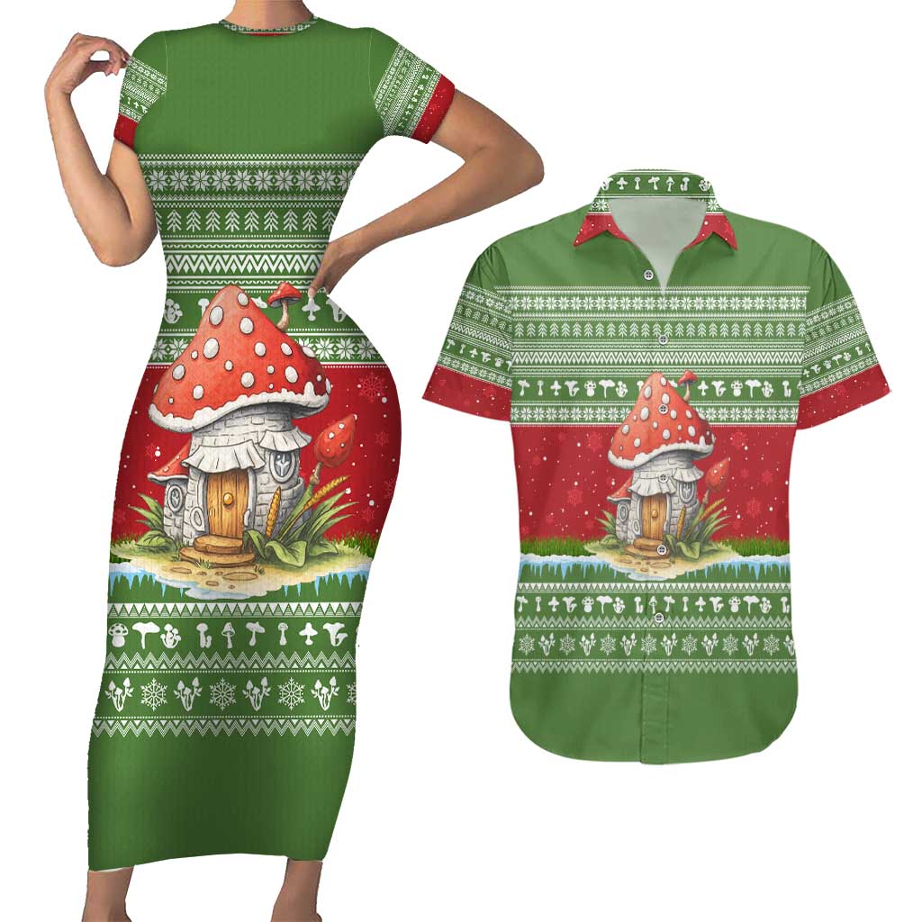 Christmas Mushroom House Couples Matching Short Sleeve Bodycon Dress and Hawaiian Shirt Xmas Holiday Patterns - Wonder Print Shop