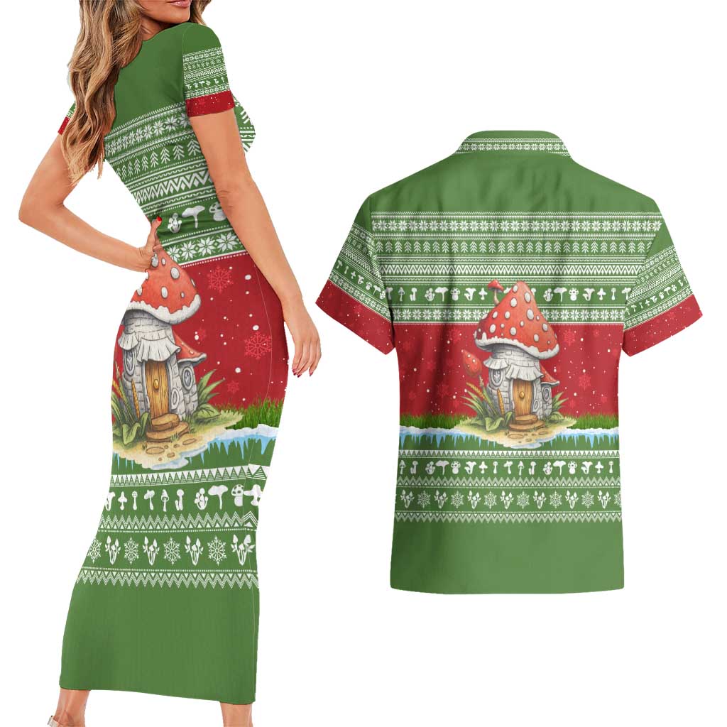 Christmas Mushroom House Couples Matching Short Sleeve Bodycon Dress and Hawaiian Shirt Xmas Holiday Patterns - Wonder Print Shop