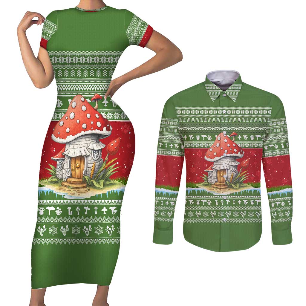 Christmas Mushroom House Couples Matching Short Sleeve Bodycon Dress and Long Sleeve Button Shirt Xmas Holiday Patterns - Wonder Print Shop