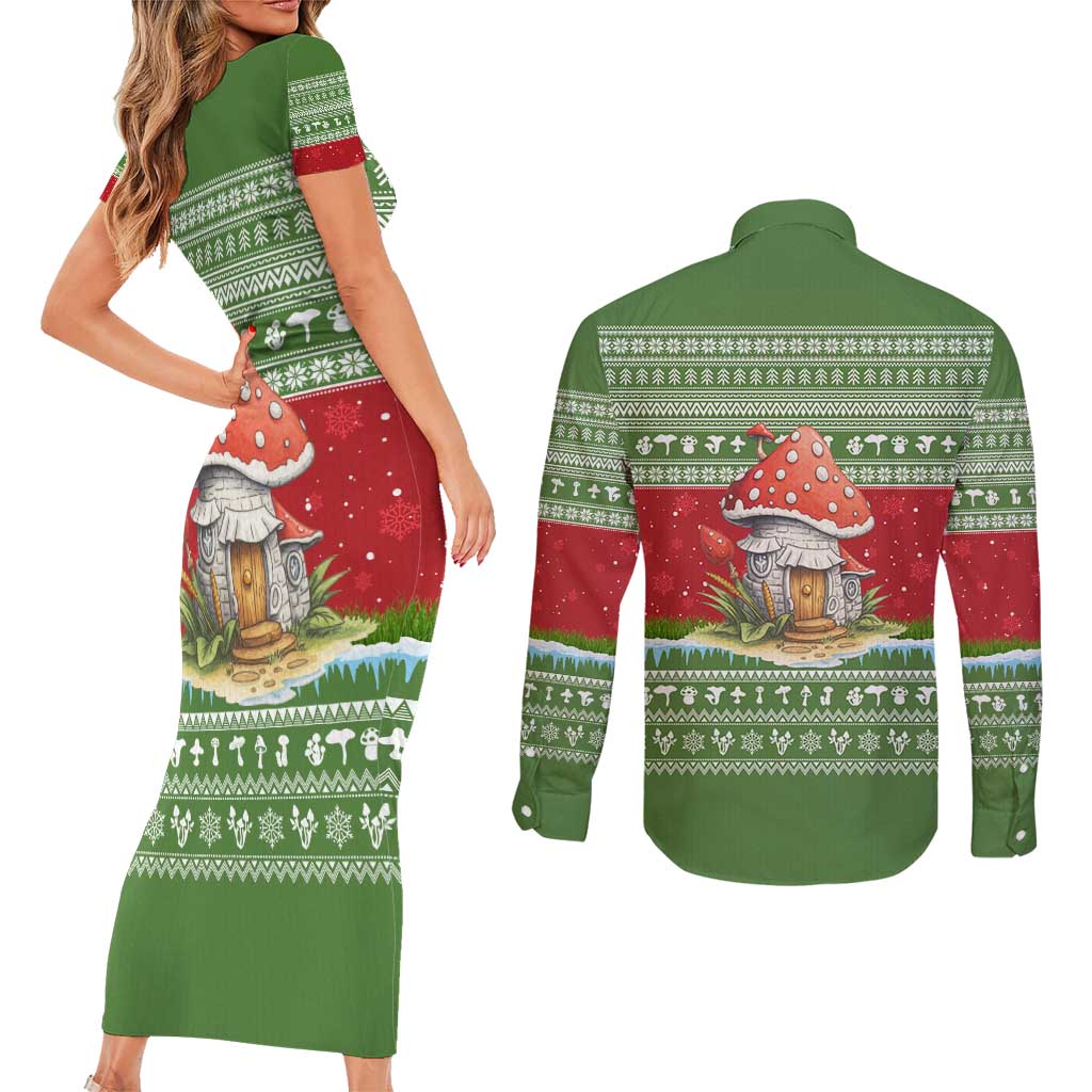 Christmas Mushroom House Couples Matching Short Sleeve Bodycon Dress and Long Sleeve Button Shirt Xmas Holiday Patterns - Wonder Print Shop