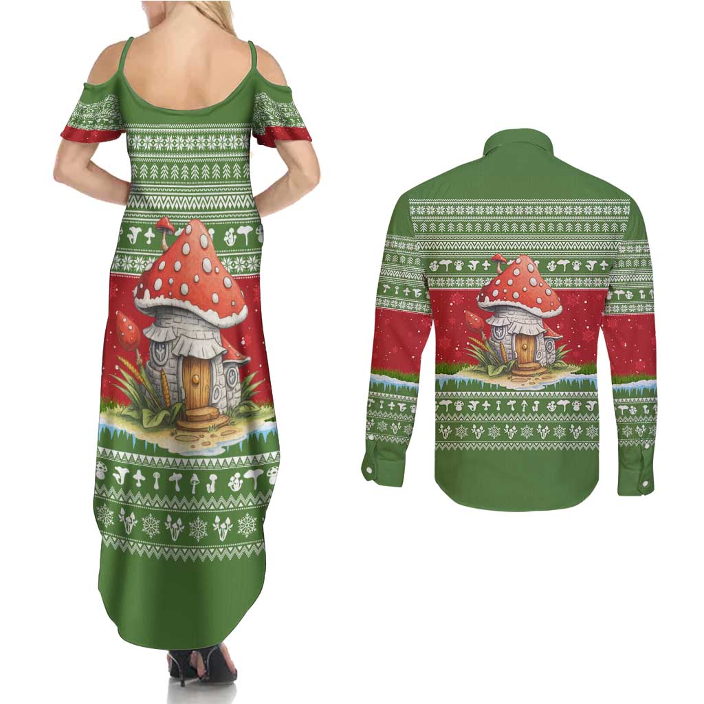 Christmas Mushroom House Couples Matching Summer Maxi Dress and Long Sleeve Button Shirt Xmas Holiday Patterns - Wonder Print Shop