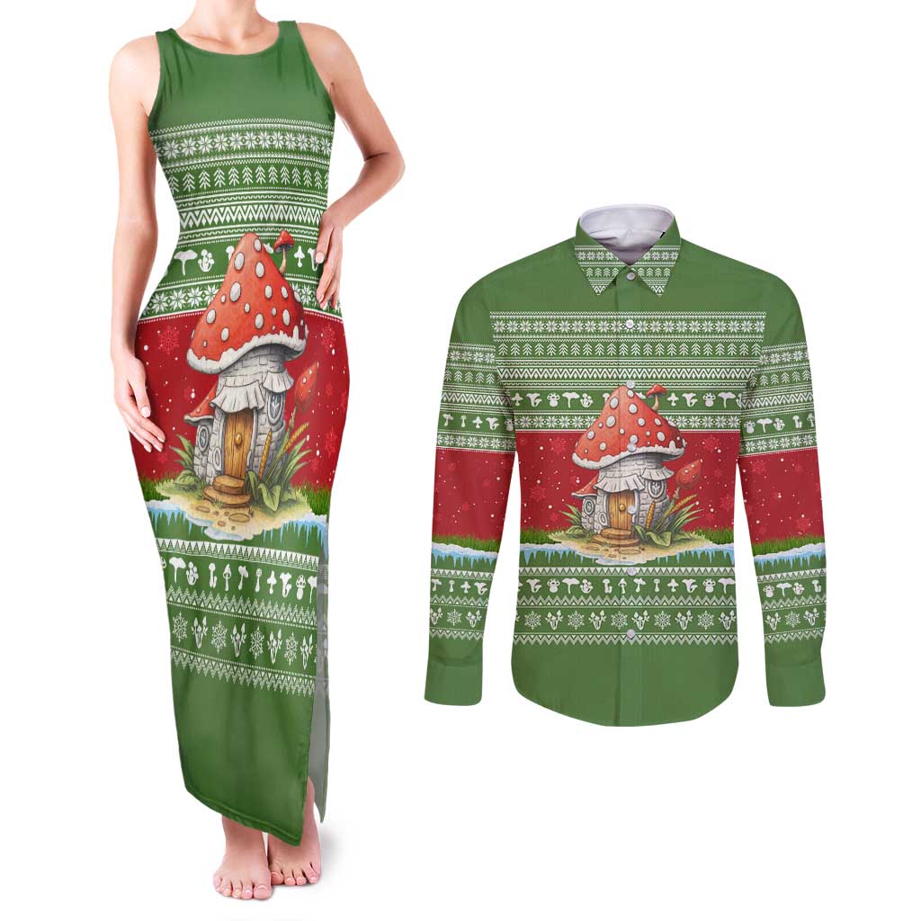 Christmas Mushroom House Couples Matching Tank Maxi Dress and Long Sleeve Button Shirt Xmas Holiday Patterns - Wonder Print Shop