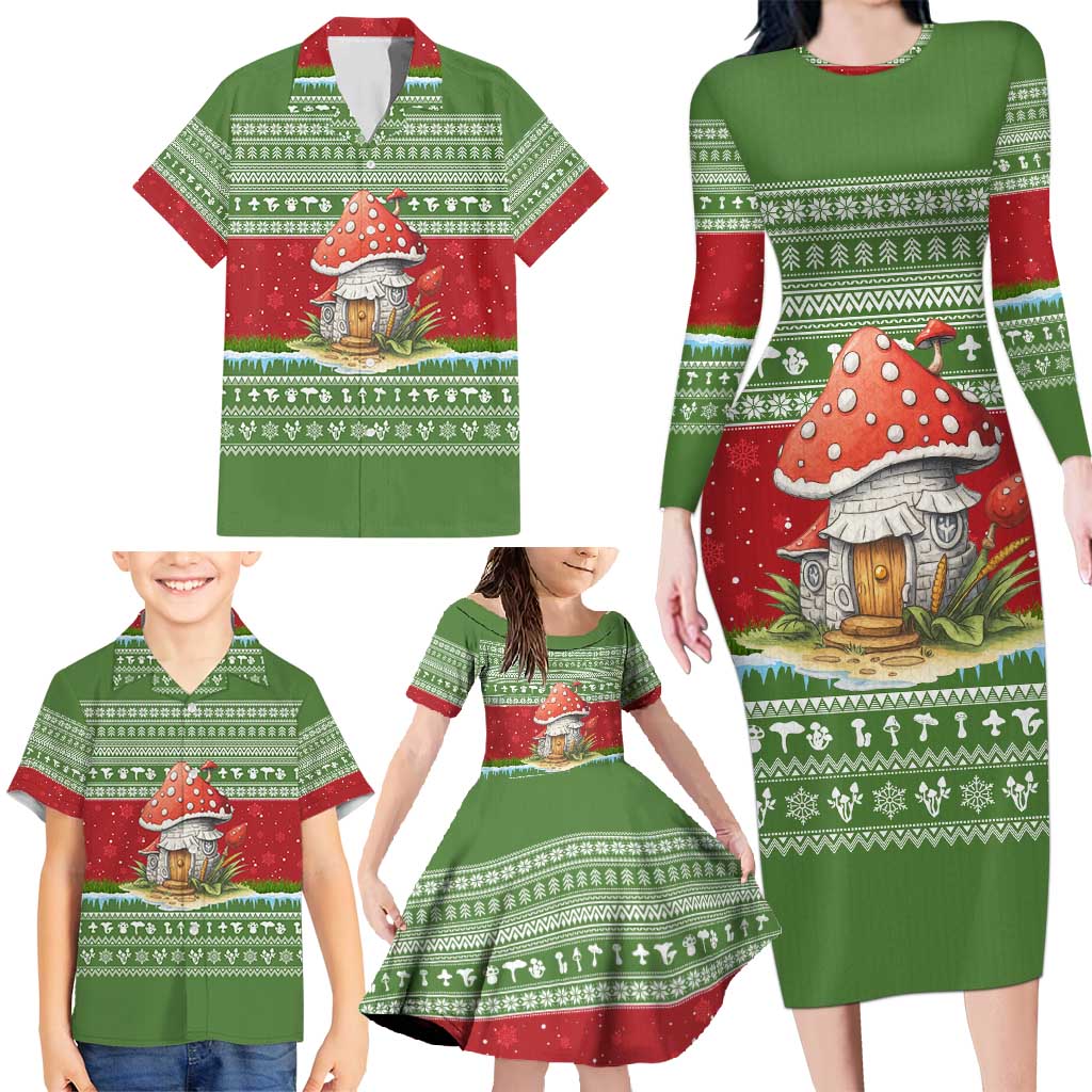 Christmas Mushroom House Family Matching Long Sleeve Bodycon Dress and Hawaiian Shirt Xmas Holiday Patterns - Wonder Print Shop