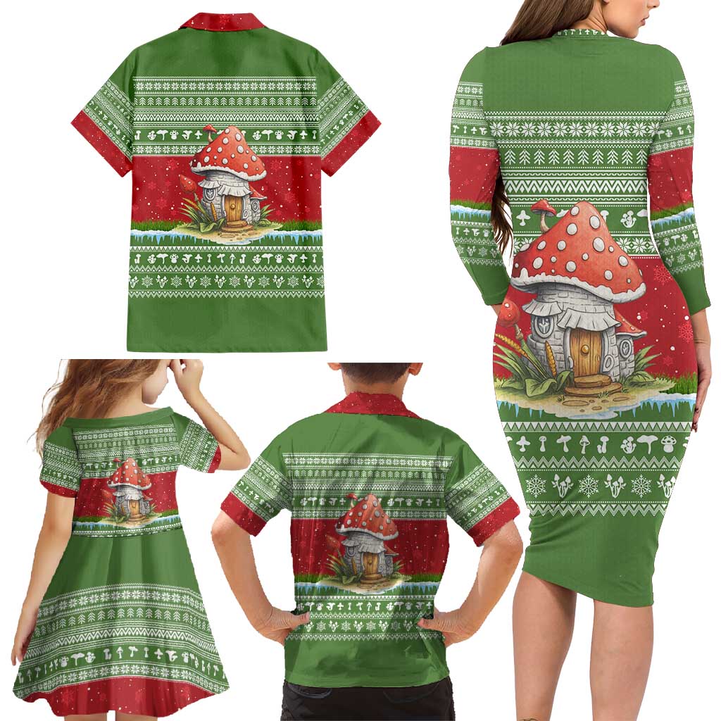Christmas Mushroom House Family Matching Long Sleeve Bodycon Dress and Hawaiian Shirt Xmas Holiday Patterns - Wonder Print Shop