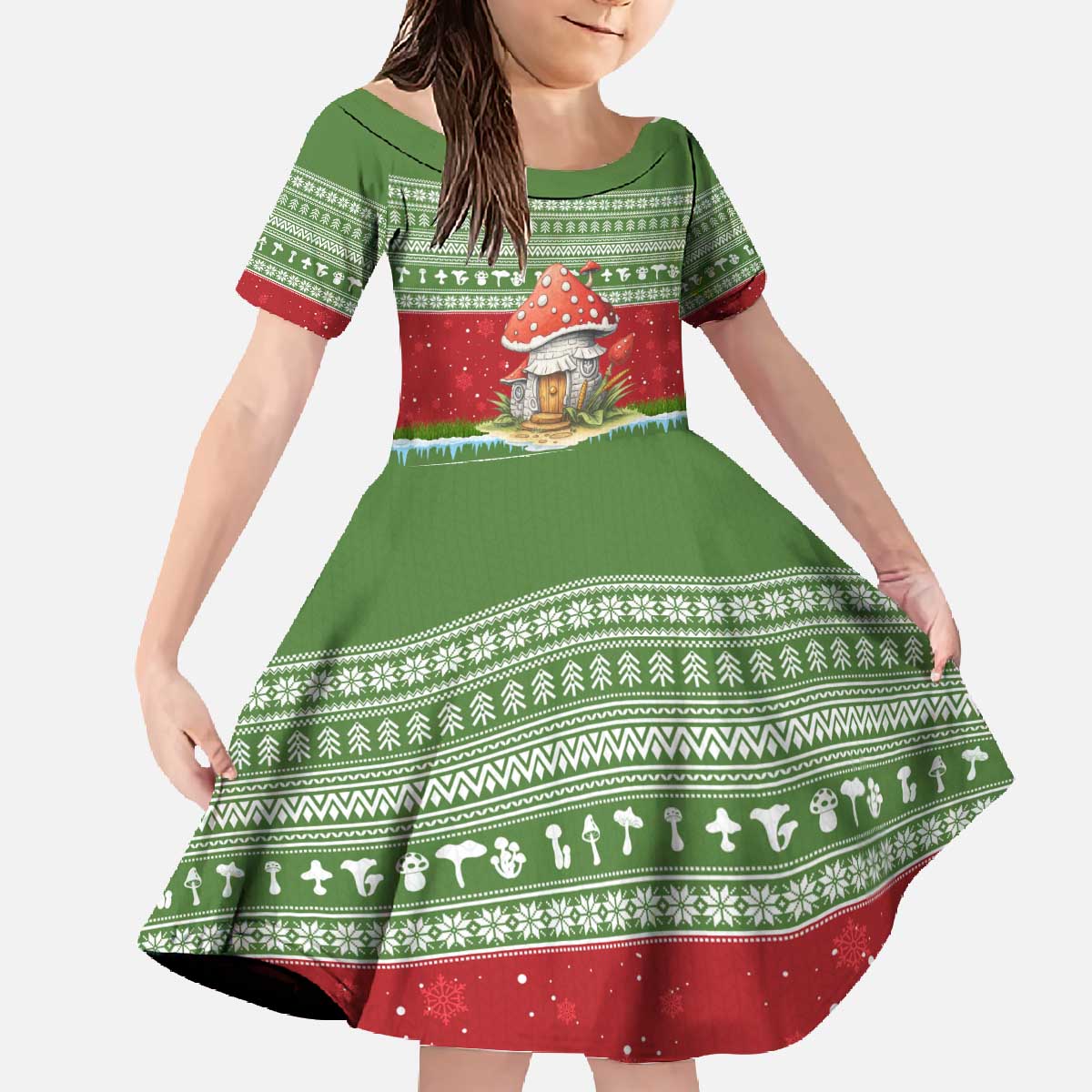 Christmas Mushroom House Family Matching Off The Shoulder Long Sleeve Dress and Hawaiian Shirt Xmas Holiday Patterns - Wonder Print Shop