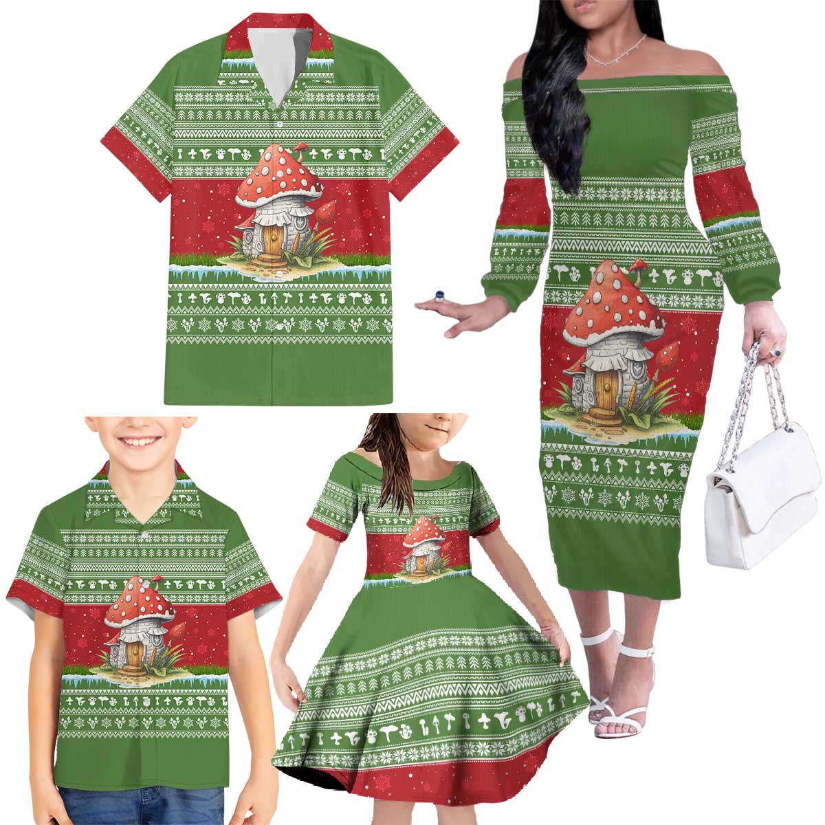Christmas Mushroom House Family Matching Off The Shoulder Long Sleeve Dress and Hawaiian Shirt Xmas Holiday Patterns - Wonder Print Shop