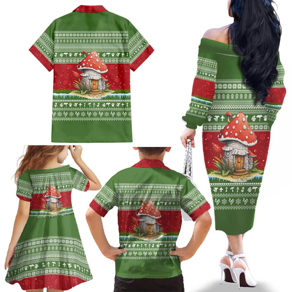 Christmas Mushroom House Family Matching Off The Shoulder Long Sleeve Dress and Hawaiian Shirt Xmas Holiday Patterns - Wonder Print Shop