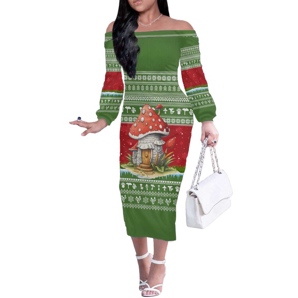 Christmas Mushroom House Family Matching Off The Shoulder Long Sleeve Dress and Hawaiian Shirt Xmas Holiday Patterns - Wonder Print Shop