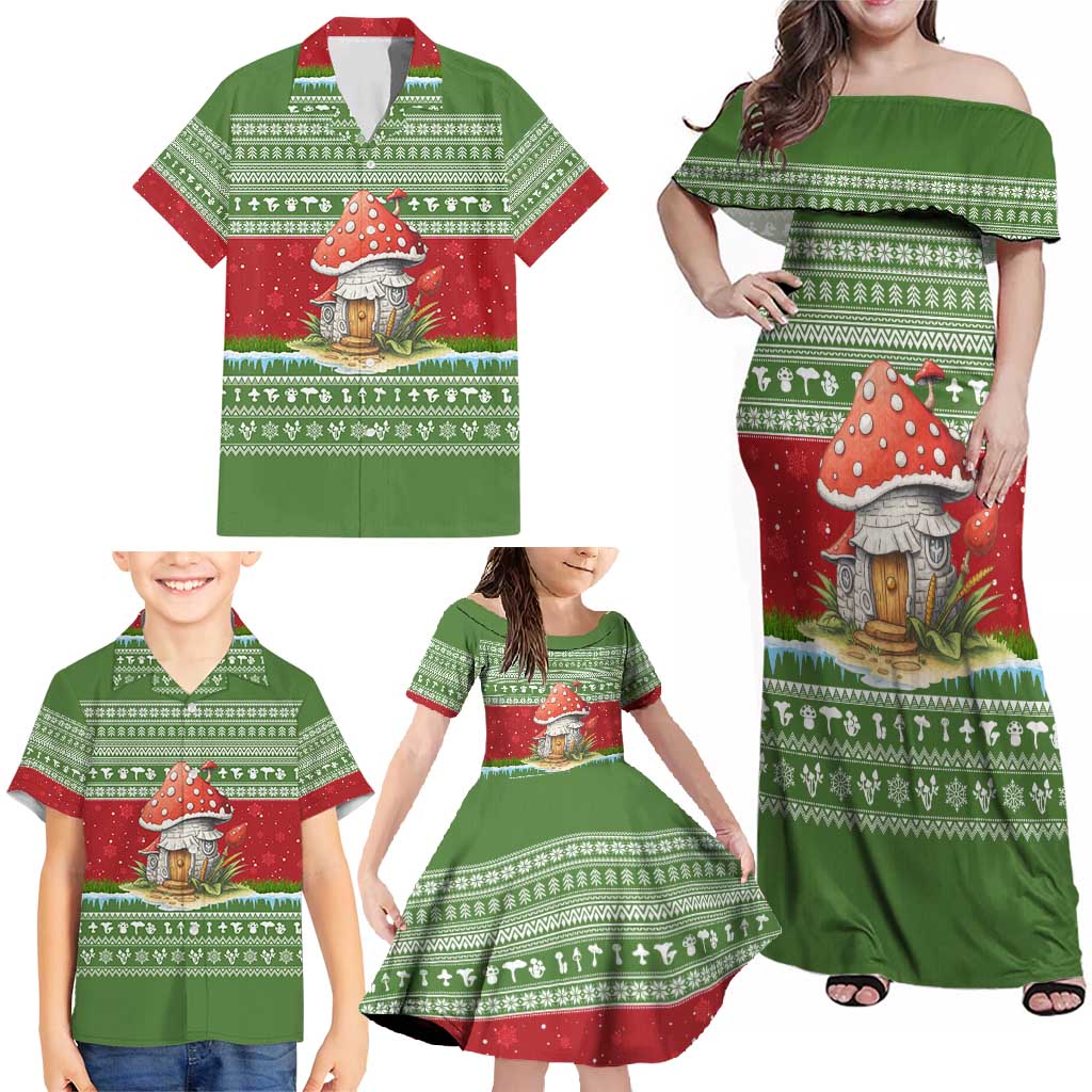 Christmas Mushroom House Family Matching Off Shoulder Maxi Dress and Hawaiian Shirt Xmas Holiday Patterns - Wonder Print Shop