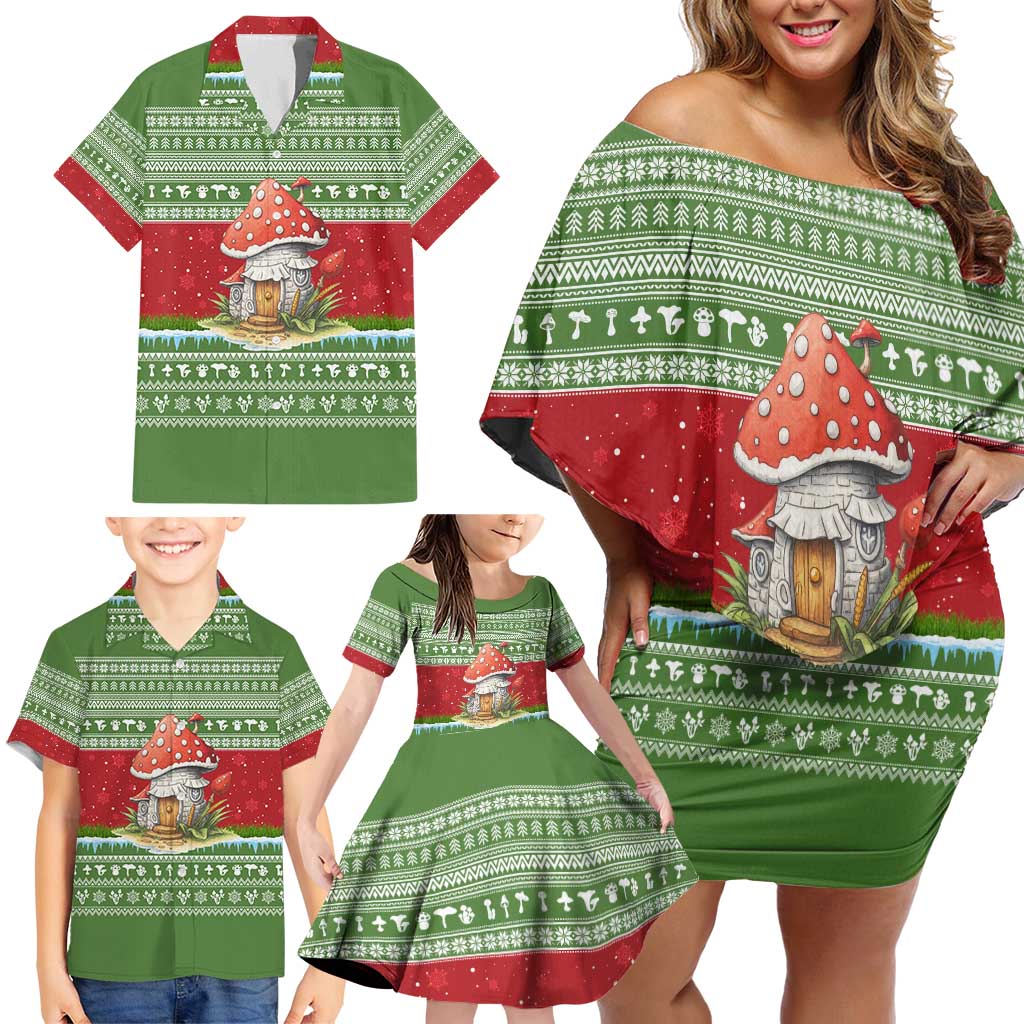 Christmas Mushroom House Family Matching Off Shoulder Short Dress and Hawaiian Shirt Xmas Holiday Patterns - Wonder Print Shop