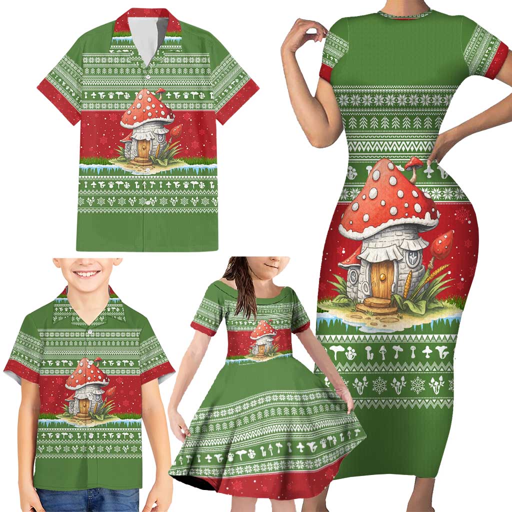 Christmas Mushroom House Family Matching Short Sleeve Bodycon Dress and Hawaiian Shirt Xmas Holiday Patterns - Wonder Print Shop