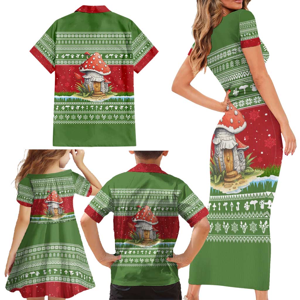 Christmas Mushroom House Family Matching Short Sleeve Bodycon Dress and Hawaiian Shirt Xmas Holiday Patterns - Wonder Print Shop
