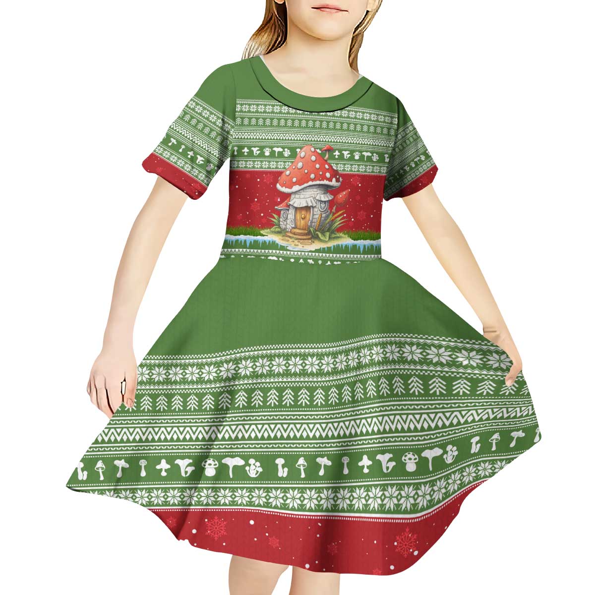 Christmas Mushroom House Kid Short Sleeve Dress Xmas Holiday Patterns - Wonder Print Shop