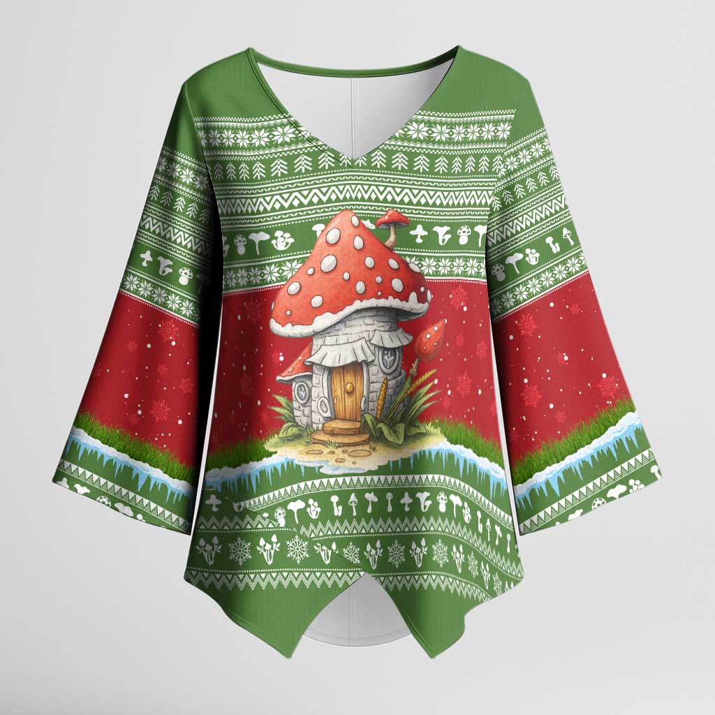 Christmas Mushroom House Kimono Sleeve Blouse Xmas Holiday Patterns - Wonder Print Shop