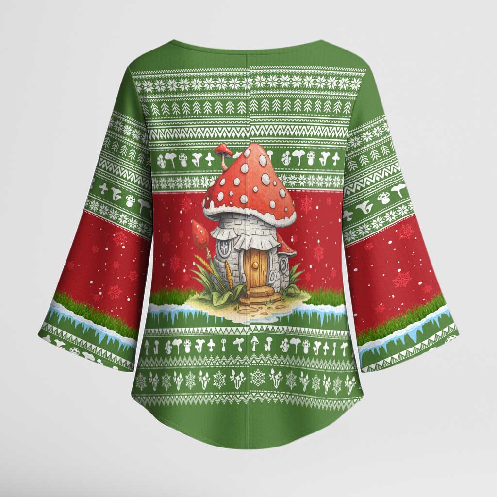 Christmas Mushroom House Kimono Sleeve Blouse Xmas Holiday Patterns - Wonder Print Shop