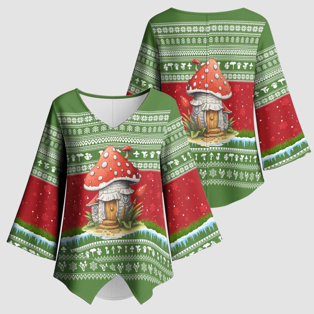 Christmas Mushroom House Kimono Sleeve Blouse Xmas Holiday Patterns - Wonder Print Shop