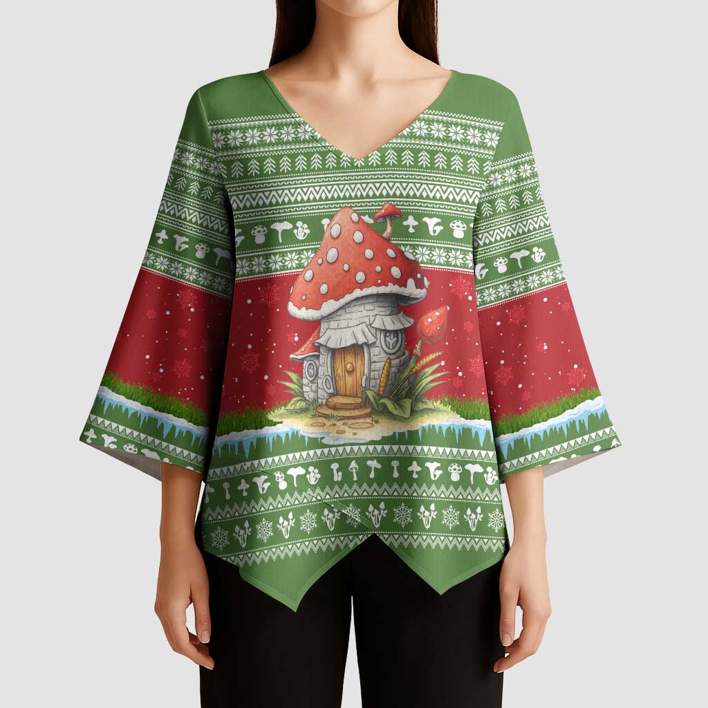 Christmas Mushroom House Kimono Sleeve Blouse Xmas Holiday Patterns - Wonder Print Shop
