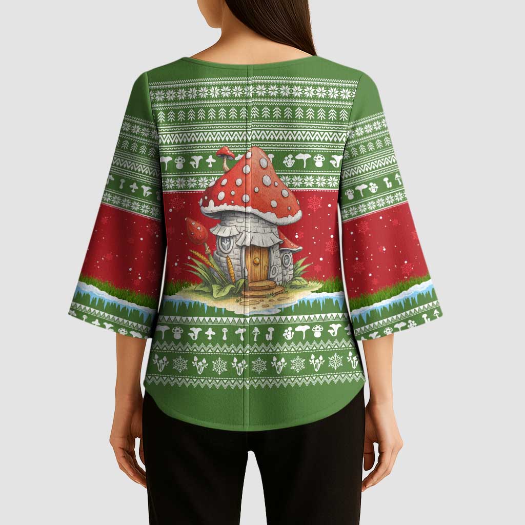 Christmas Mushroom House Kimono Sleeve Blouse Xmas Holiday Patterns - Wonder Print Shop