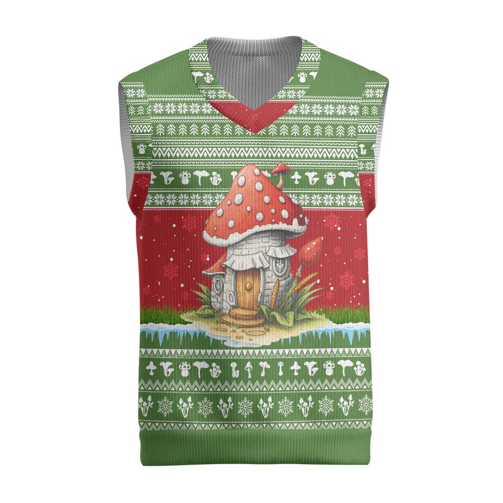 Christmas Mushroom House Christmas Knitted V-Neck Vest Xmas Holiday Patterns - Wonder Print Shop