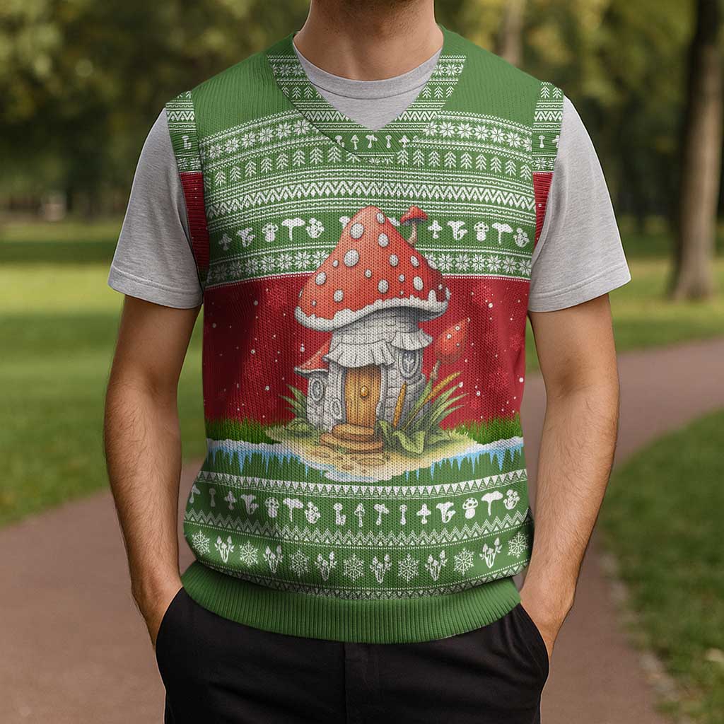 Christmas Mushroom House Christmas Knitted V-Neck Vest Xmas Holiday Patterns - Wonder Print Shop