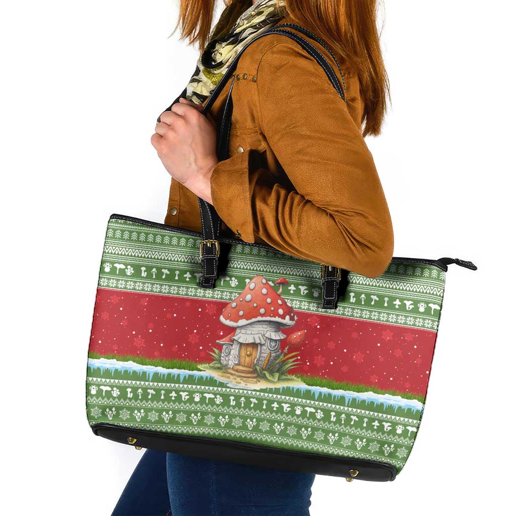 Christmas Mushroom House Leather Tote Bag Xmas Holiday Patterns - Wonder Print Shop