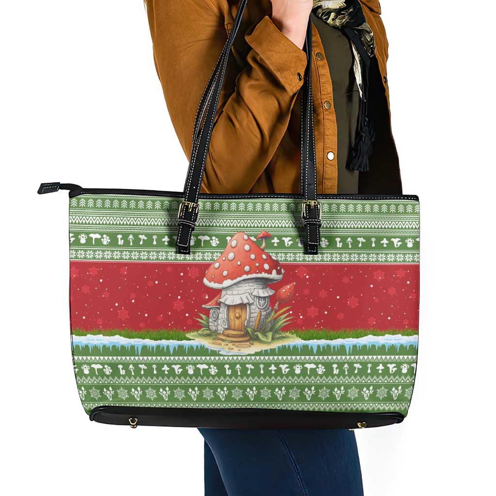 Christmas Mushroom House Leather Tote Bag Xmas Holiday Patterns - Wonder Print Shop