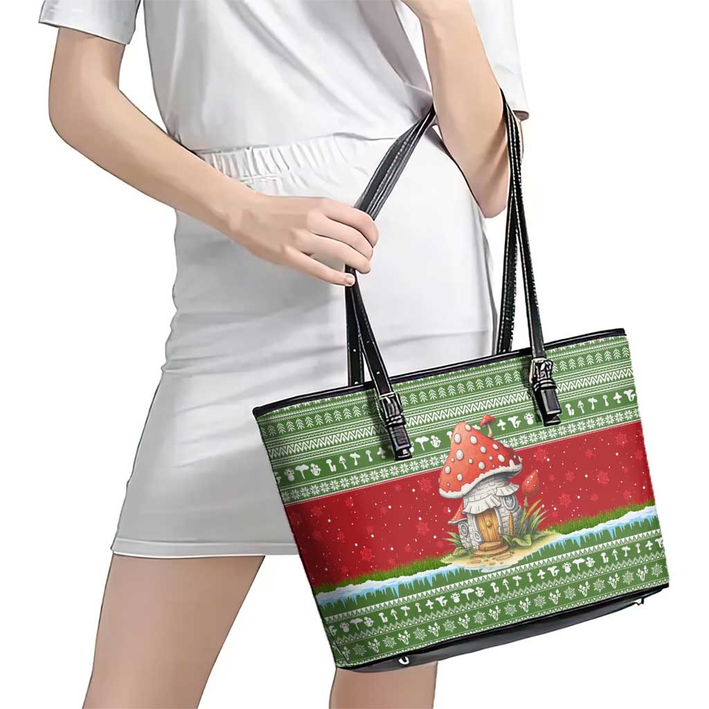 Christmas Mushroom House Leather Tote Bag Xmas Holiday Patterns - Wonder Print Shop