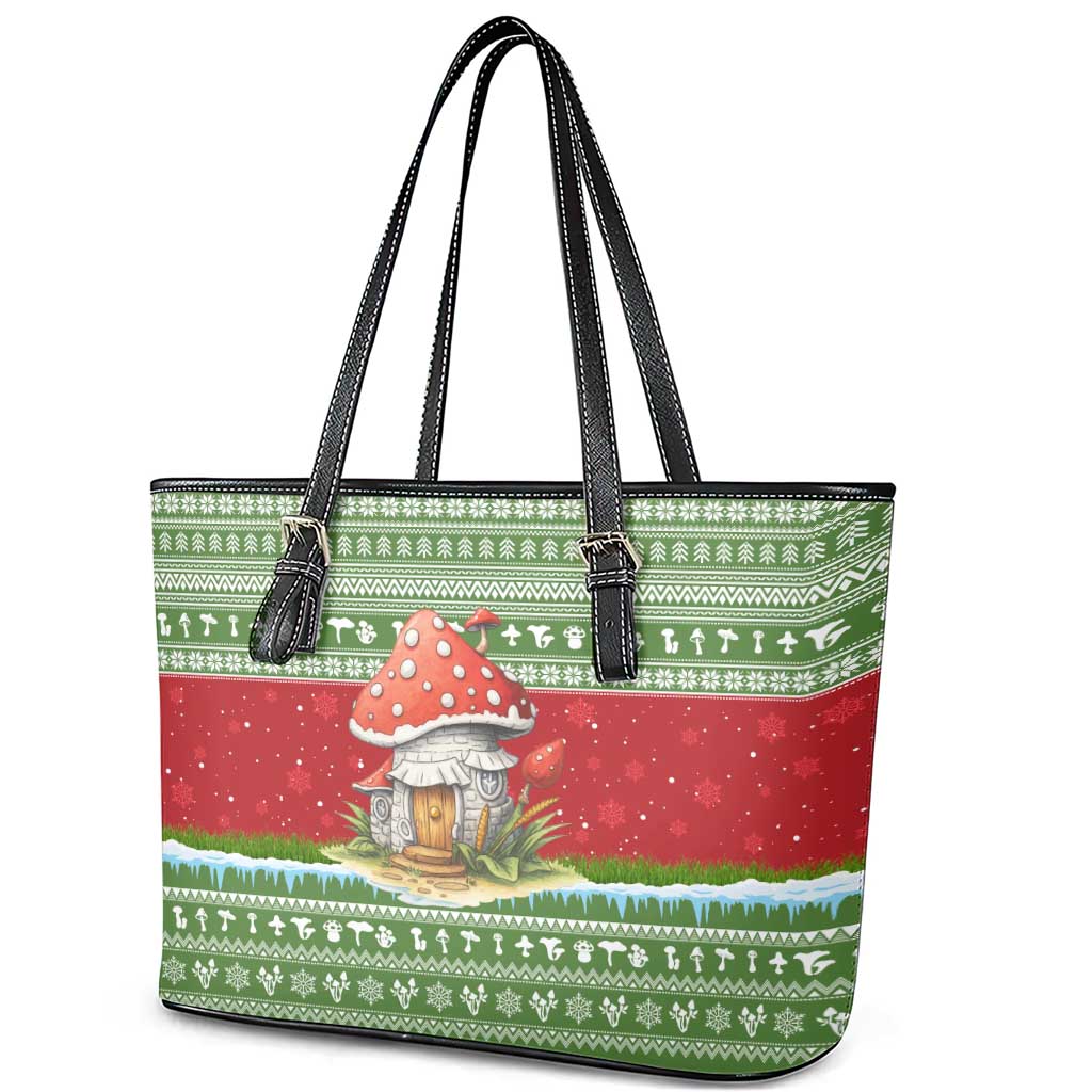 Christmas Mushroom House Leather Tote Bag Xmas Holiday Patterns - Wonder Print Shop