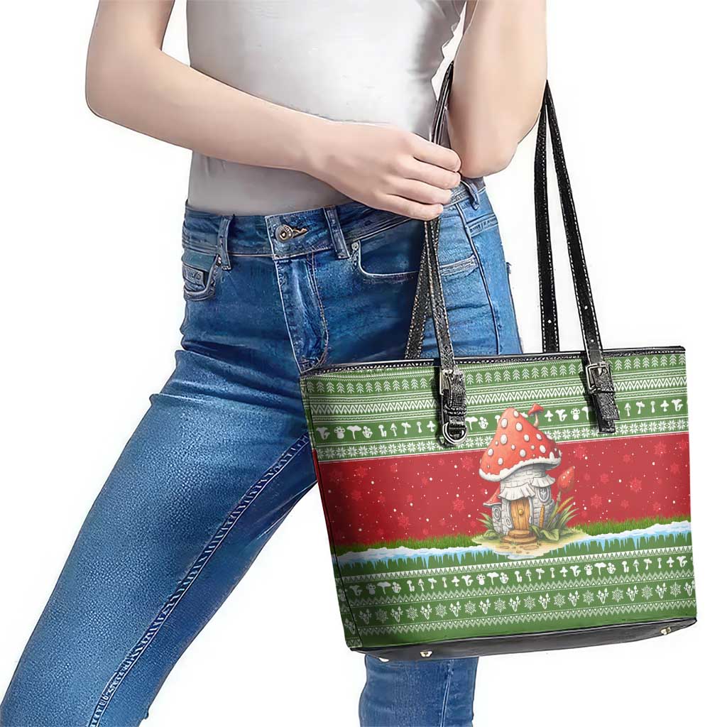 Christmas Mushroom House Leather Tote Bag Xmas Holiday Patterns - Wonder Print Shop