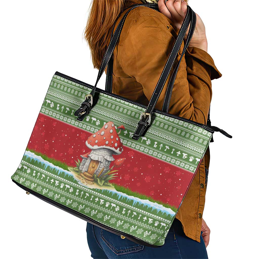 Christmas Mushroom House Leather Tote Bag Xmas Holiday Patterns - Wonder Print Shop