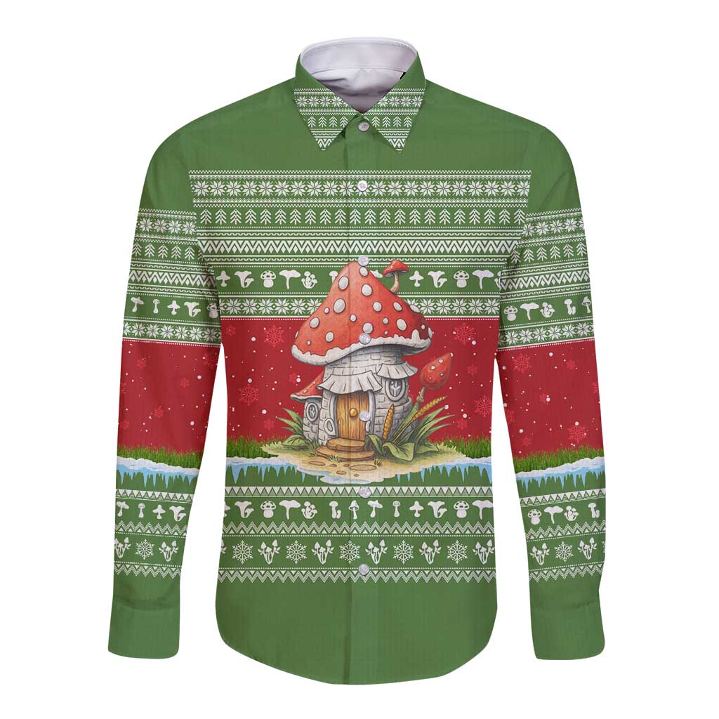 Christmas Mushroom House Long Sleeve Button Shirt Xmas Holiday Patterns - Wonder Print Shop