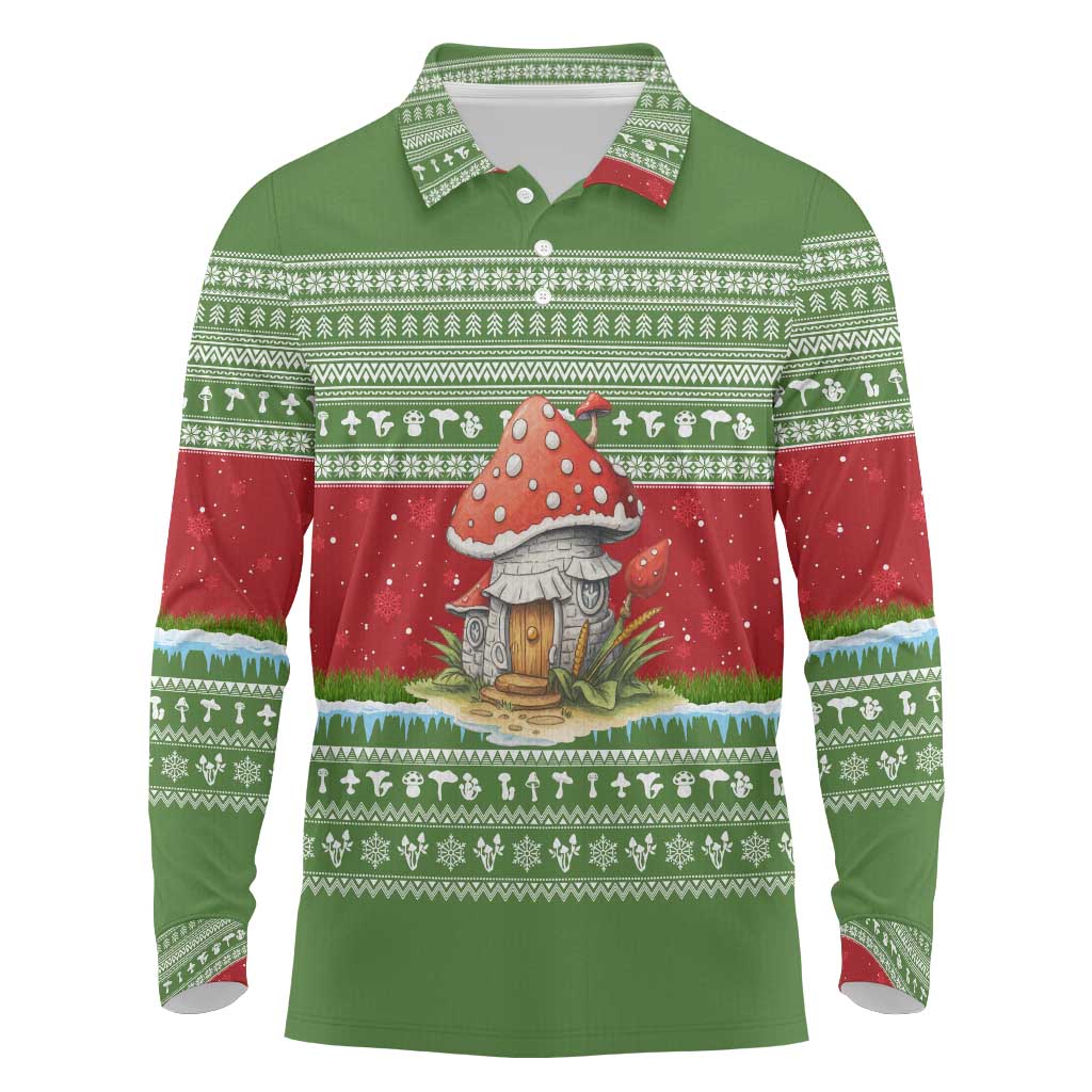Christmas Mushroom House Long Sleeve Polo Shirt Xmas Holiday Patterns - Wonder Print Shop