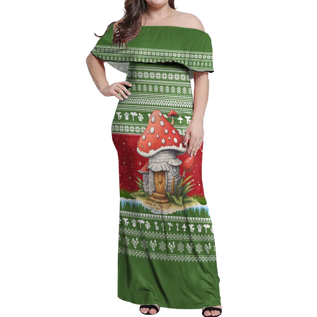 Christmas Mushroom House Off Shoulder Maxi Dress Xmas Holiday Patterns - Wonder Print Shop