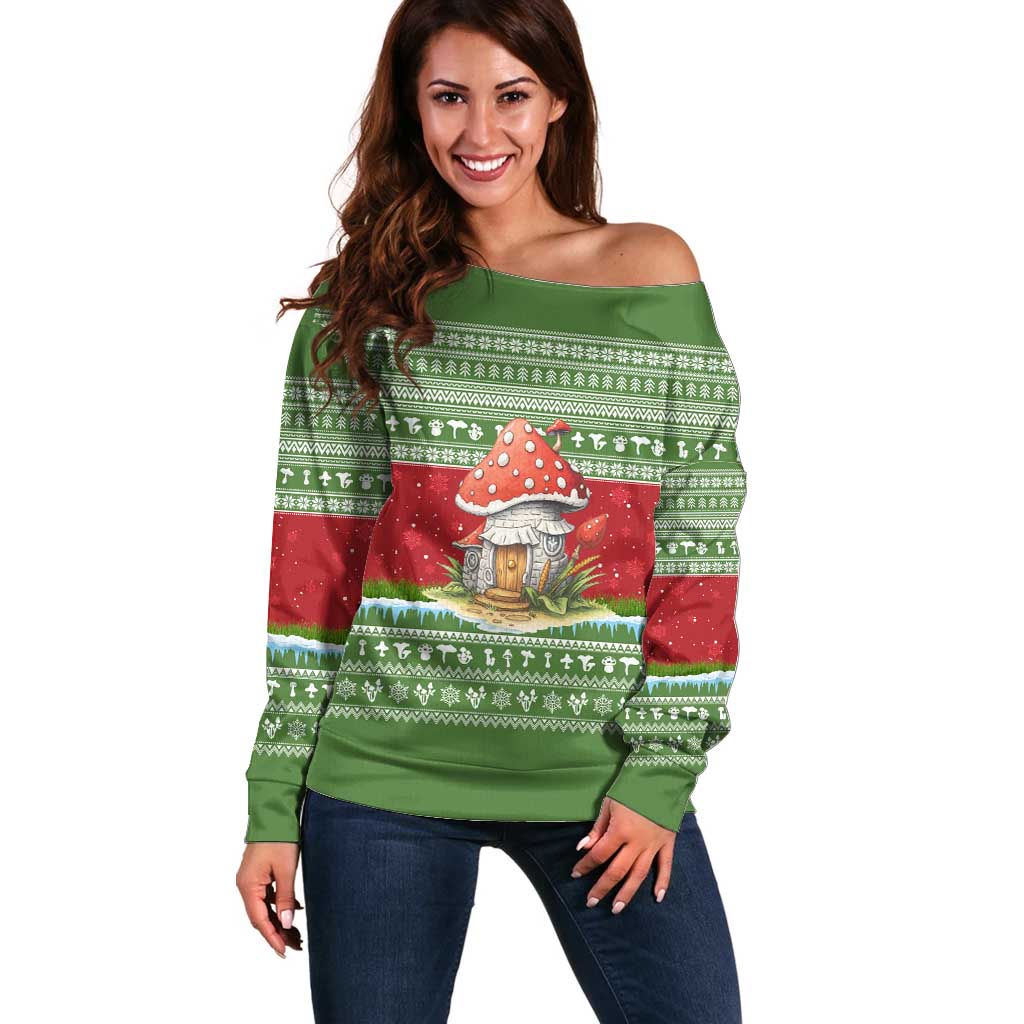 Christmas Mushroom House Off Shoulder Sweater Xmas Holiday Patterns - Wonder Print Shop