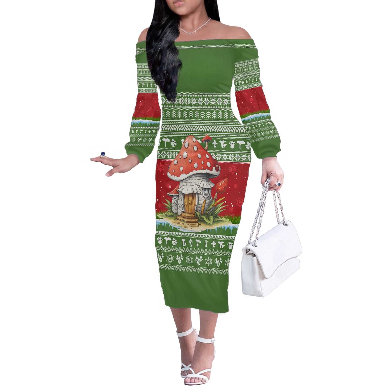 Christmas Mushroom House Off The Shoulder Long Sleeve Dress Xmas Holiday Patterns - Wonder Print Shop