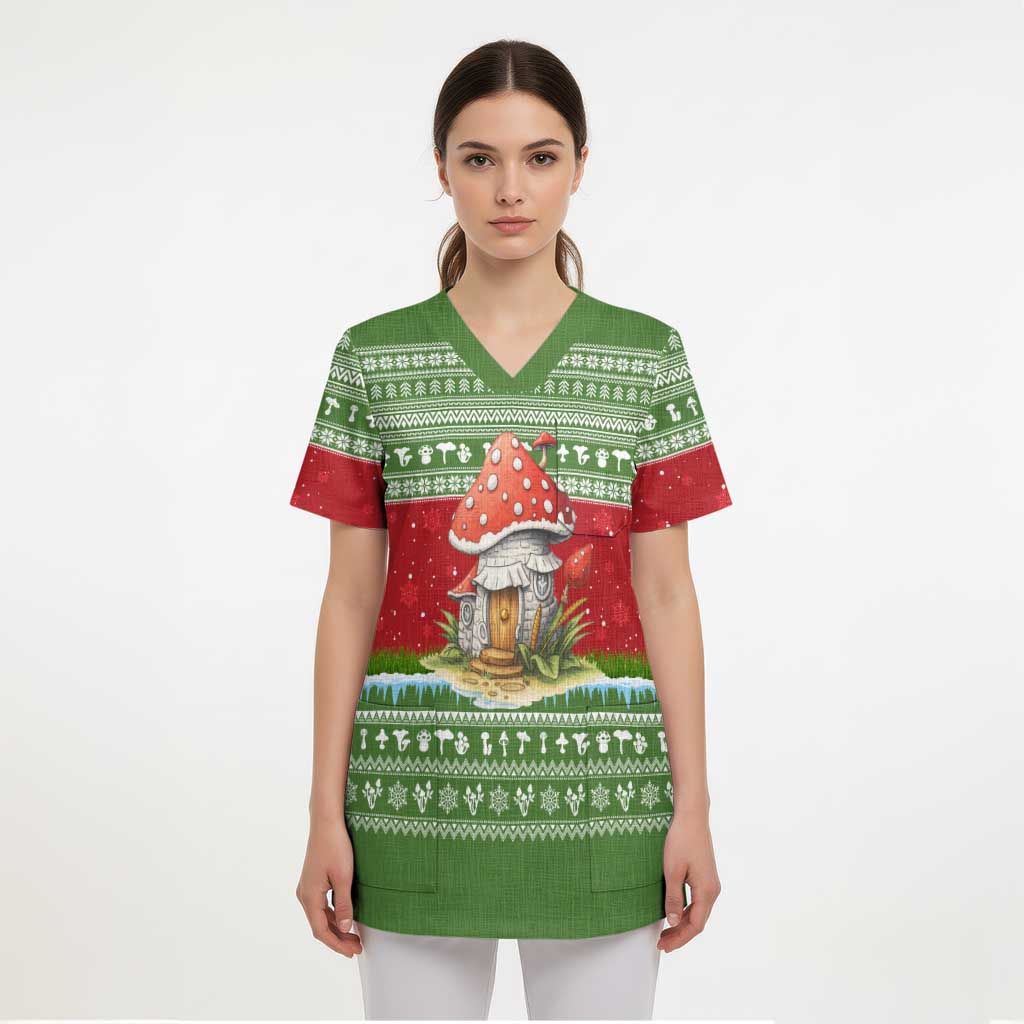 Christmas Mushroom House Scrub Top Xmas Holiday Patterns - Wonder Print Shop