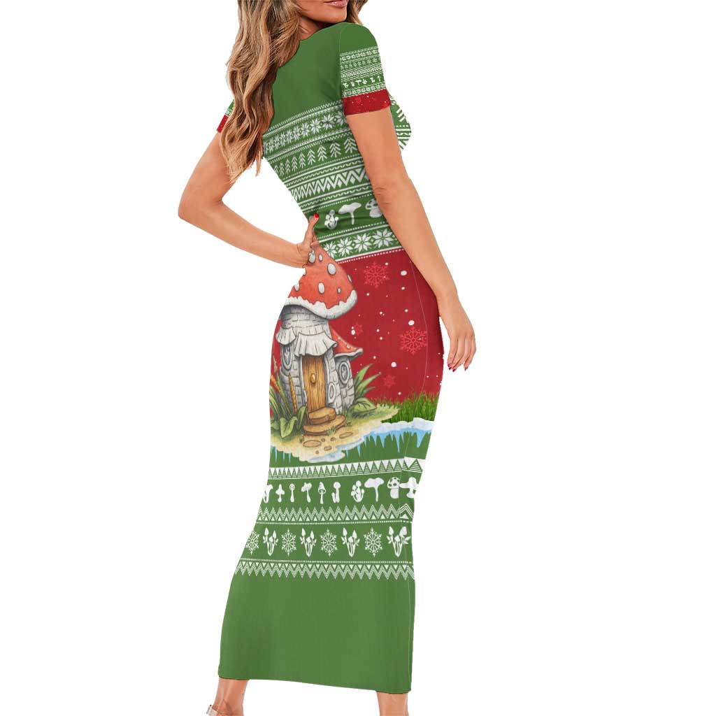 Christmas Mushroom House Short Sleeve Bodycon Dress Xmas Holiday Patterns - Wonder Print Shop